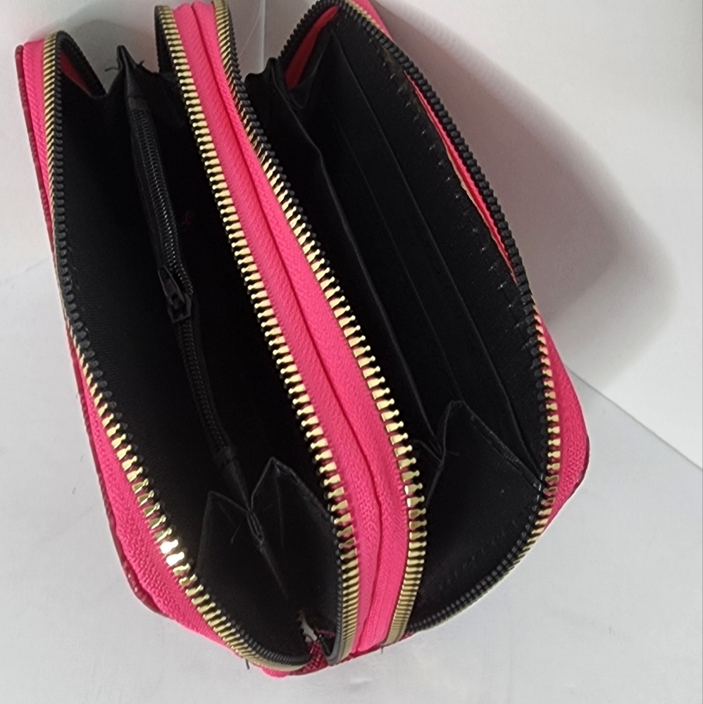 Woman's Multi Department Dark Pink Textured Small Double Zip Around Wallet - Picture 10 of 13